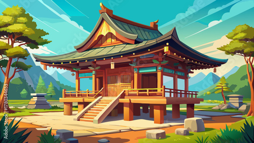 Very beautiful local rural Japanese wooden temple with traditional architecture, featuring natural timber beams, curved rooflines, and serene countryside surroundings in a realistic peaceful scene.