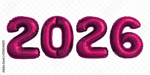 realistic 3d 2026 typography made by with different color foil balloons isolated on transparent background