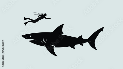 High contrast silhouette of a diver swimming alongside a formidable shark in deep ocean waters, ideal for nature documentaries or adventure stories