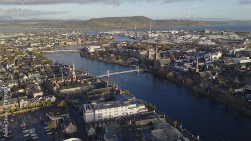 Establishing aerial view of Inverness, city in the Scottish Highlands