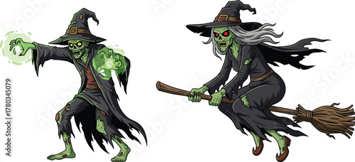 PrintCreepy zombie witches casting glowing green magic and flying on broomstick in dark fantasy Halloween illustration, spooky undead sorcery scene
