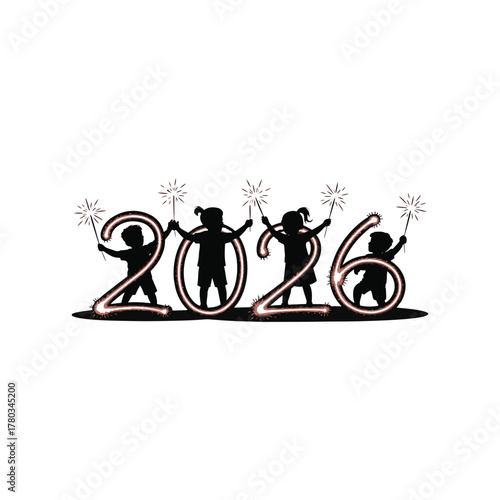 Silhouettes of children holding sparklers forming the year 2026 with glowing outlines and bursts of light
