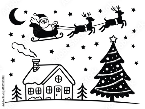 Santa Claus flies in his sleigh pulled by reindeer over a snowy house and Christmas tree.