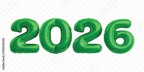 realistic 3d 2026 typography made by with different color foil balloons isolated on transparent background