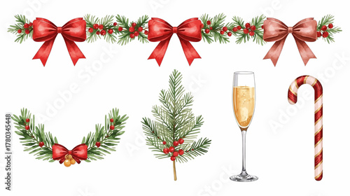 Festive watercolor Christmas elements, including bows, garland, a Christmas tree branch, champagne, and a candy cane, perfect for holiday designs.