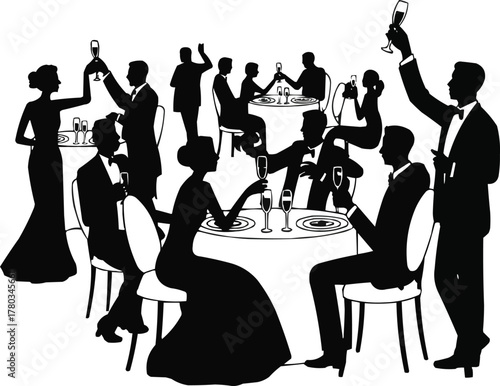 Wedding Banquet Silhouette Vector Set  Guests Dining, Toasting, and Celebrating