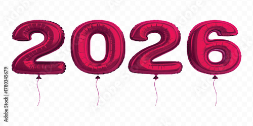 realistic 3d 2026 typography made by with different color foil balloons isolated on transparent background