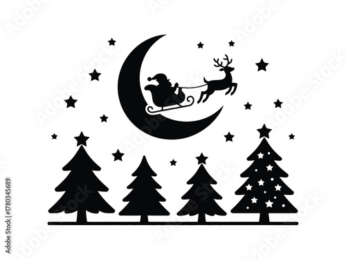 Santa Claus rides in his sleigh pulled by a reindeer across the moonlit night sky.