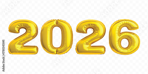 realistic 3d 2026 typography made by with different color foil balloons isolated on transparent background