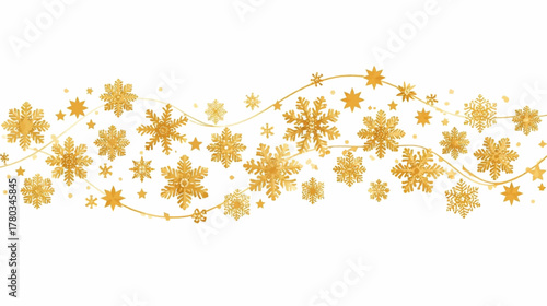 Elegant golden snowflakes and stars artfully arranged on a white background, creating a festive and decorative design for the holiday season.
