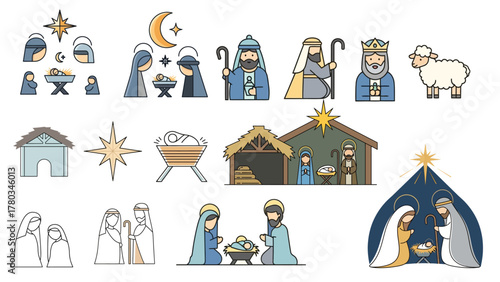 Minimal Christmas Nativity Symbols Vector Set – Holy Scene Silhouette Icons, Biblical Christmas Elements, and Sacred Holiday Design Graphics