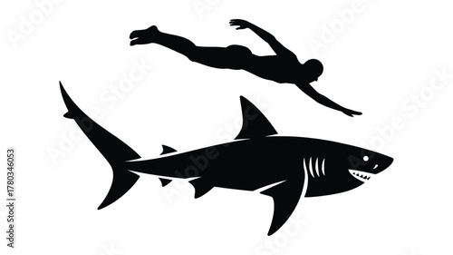 Daredevil diver swimming near a menacing shark silhouette, an edgy design element for extreme sports, ocean conservation, or marine biology projects