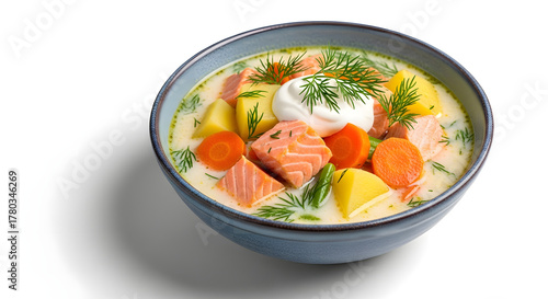 Creamy salmon soup Lohikeitto with vegetables and dill in a blue bowl  