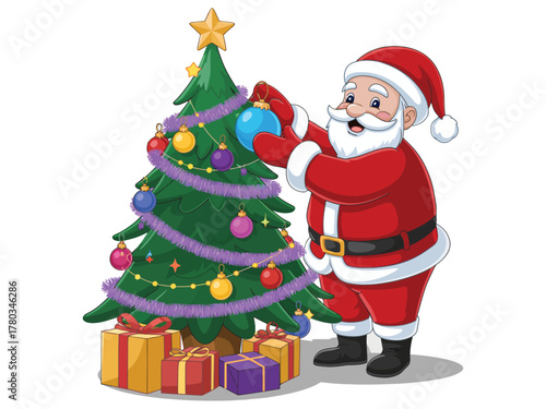 Santa Claus decorating a Christmas tree with ornaments and presents.
