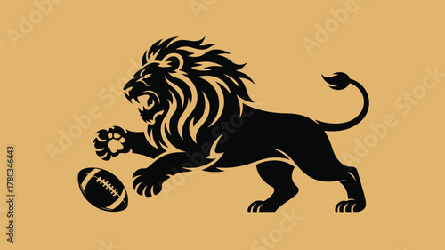 Fierce black lion attacking an American football on gold background - perfect for sports teams, branding, or powerful athletic imagery!
