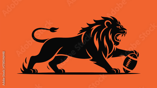 Roaring lion with football evokes powerful sports team mascot branding, ideal for athletic apparel, school spirit merchandise, and competitive spirit campaigns