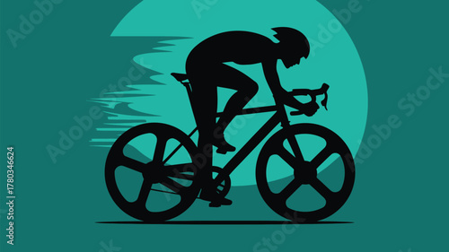 Dynamic silhouette of cyclist racing forward on a teal background, conveying speed, fitness, and determination in a modern graphic art style