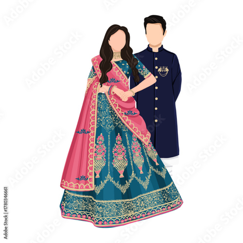 Indian Wedding Couple Faceless Vector Art: Bride in Teal Lehenga and Groom in Navy Sherwani.
