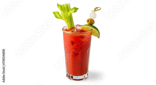 Virgin Mary cocktail with celery, lime, and olive garnish isolated on white  