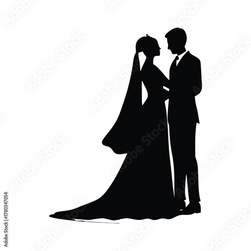Black and white silhouette illustration of a bride and groom standing close together in a romantic vector style