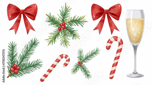 Watercolor Christmas elements featuring festive bows, evergreen branches with berries, candy canes, and a champagne glass, perfect for holiday designs.