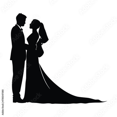 Black and white silhouette illustration of a bride and groom standing close together in a romantic vector style