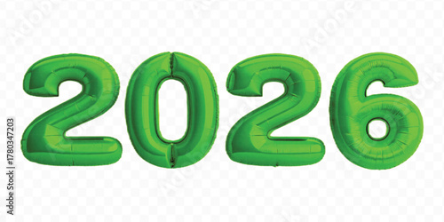 realistic 3d 2026 typography made by with different color foil balloons isolated on transparent background