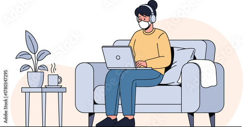 Woman Working Remotely at Home Wearing Face Mask