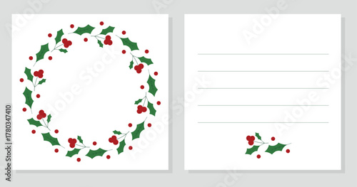 Christmas double sided card with green holly leaves and red berries. Vector element for design of greeting, sale, invitation. Merry Christmas and Happy New Year.