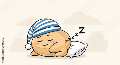 Cartoon Sphere Person Sleeping Cozy and Soundly Dreaming on a Cloud with a Cap