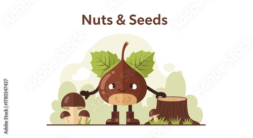 Cheerful Chestnut Mascot Standing In Forest Beside Mushrooms And A Tree Stump