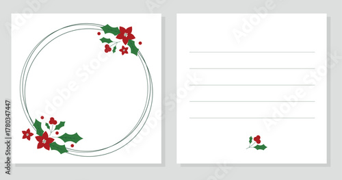 Christmas double sided card with poinsettia flowers and holly berries. Greeting card, invitation, sale, label. Merry Christmas and Happy New Year. Decorative round frame.