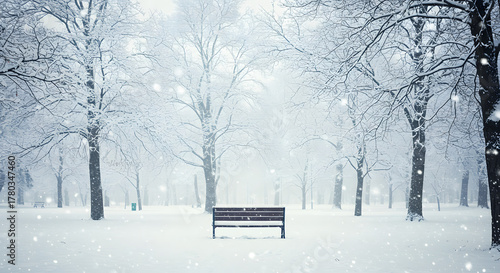 Snow-covered park bench amidst winter trees in a snowy landscape  
