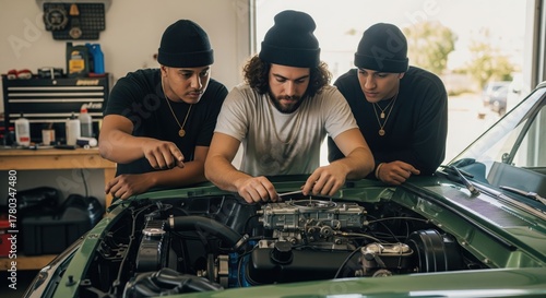 Three men repair an engine of a classic green car in garage. A focused shot of skill and expertise. Automotive maintenance, vintage restoration, brotherhood.