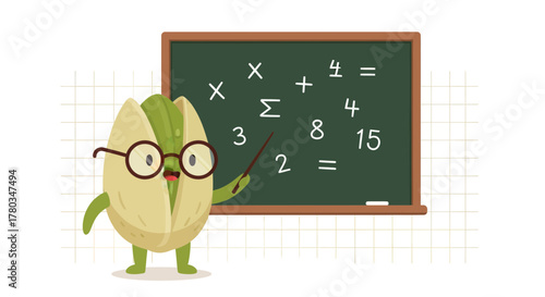 Cartoonish Nut Teacher Explains Arithmetic Equations Written On A Black Board
