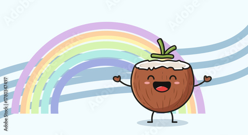 Cheerful Coconut Cartoon Enjoying Happiness Under a Colorful Rainbow With Smiles