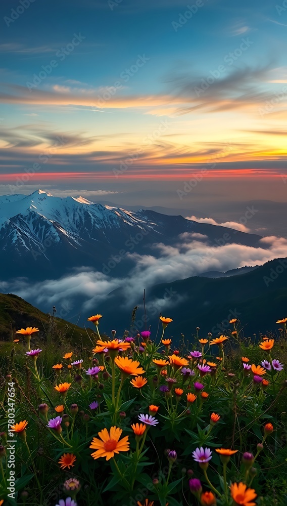Fototapeta premium Scenic mountain vista at sunset with vibrant wildflowers in the foreground and snowcapped peaks in the distance