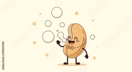 Cheerful Nut Cartoon Character Blowing Bubbles in a Whimsical and Playful Scene
