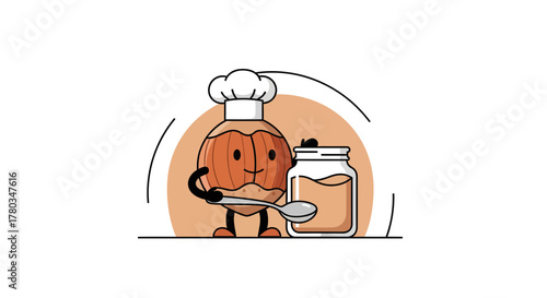 Chef Almond Cartoon Holding Spoon Beside Jar of Sauce Ready to Eat in Kitchen