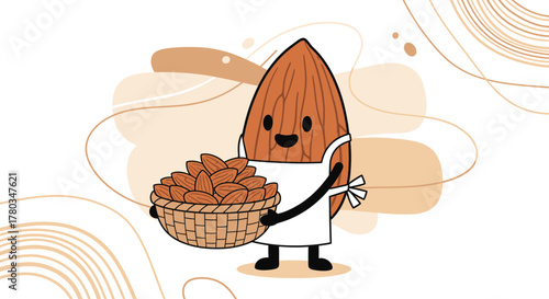 Charming Almond Character Delightfully Holding a Basket of Freshly Harvested Nuts for Healthy Eating