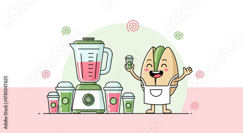 Cheerful Pistachio Character Prepares Delicious Smoothies in a Modern Blender