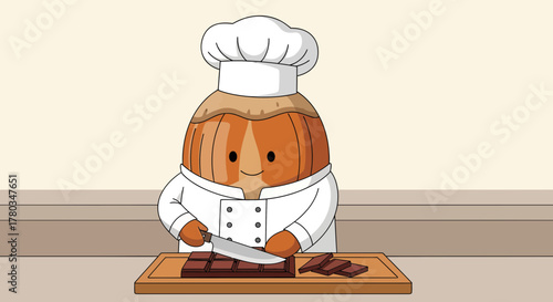 Chef Almond Prepares Chocolate, Culinary Delight Cartoon for Advertising and Recipes