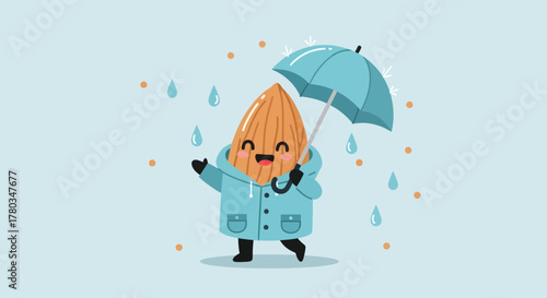 Charming Animated Almond Character Enjoying The Gentle Rain While Staying Dry And Content
