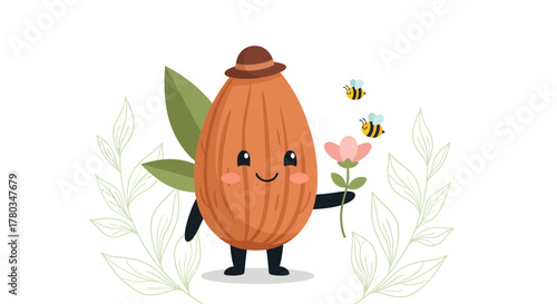 Charming Almond Character Smiling And Holding A Flower With Friendly Bee Companionship