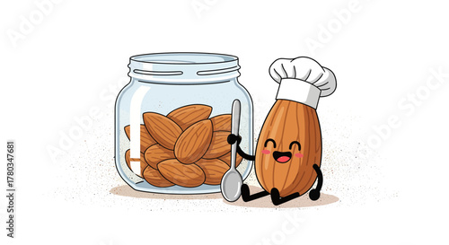 Chef Almond Presenting Jar Of Almonds: A Fresh And Delicious Nut Delight Illustration
