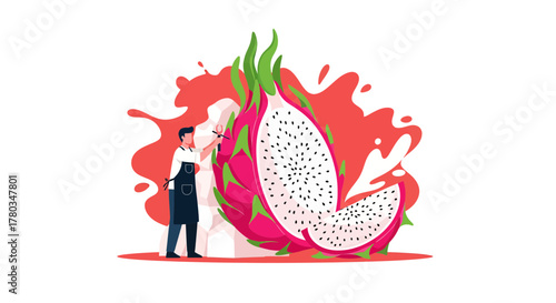 Chef Prepares Dragon Fruit With Precise Cuts Featuring Vibrant Color And Artistic Flair