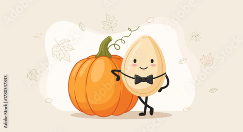 Charming Animated Pumpkin And Seed Character Depicting Autumnal Theme With Leaves