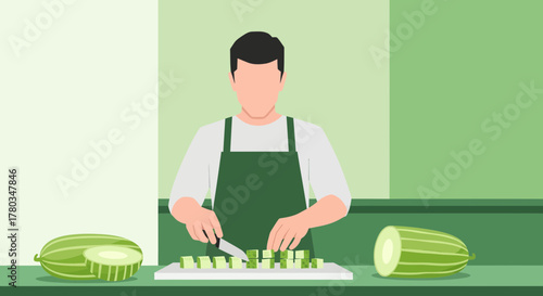 Chef Prepares Freshly Chopped Melon Cubes on a Cutting Board for Culinary Use
