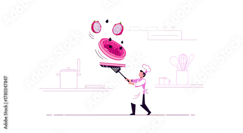 Chef Prepares Exotic Dragon Fruit Pancake Delight During Tasty Culinary Endeavor