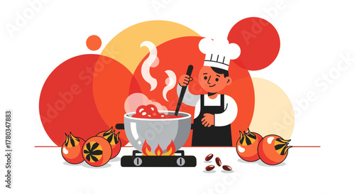 Chef Preparing Delicious Tomato Soup In A Kitchen Illustration In Vibrant Colors